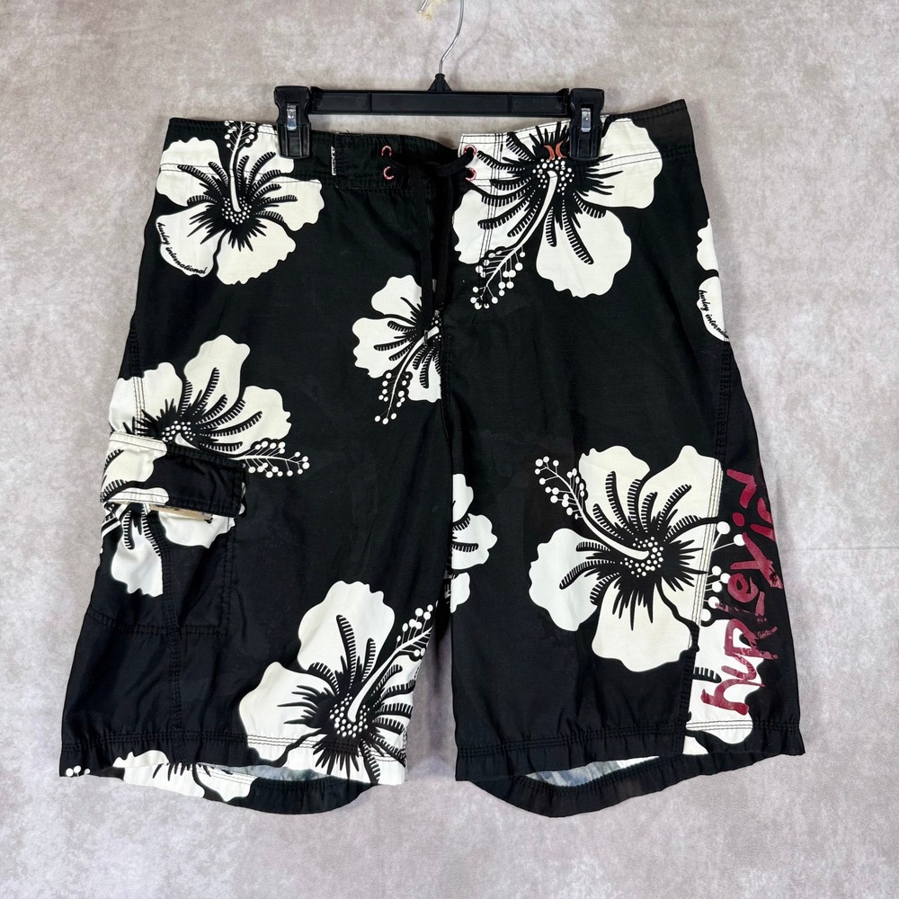 Hurley Board Shorts Mens 36 Black White Floral Tropical Surf Swim Aloha Beach